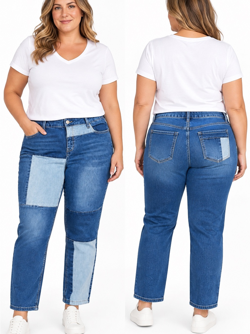 Love Indigo Two-Tone Blue Patchwork Straight Leg Jeans